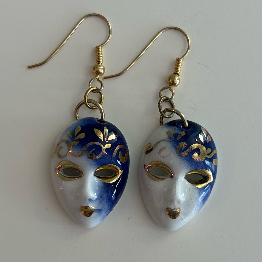 Vintage Venetian Venice Italy Blue and Gold Mask Earrings